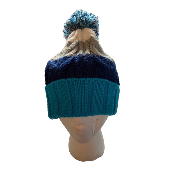 City Hunter Knit Pom Pom Beanie Hat Blue Grey White Winter Ski Snowboard Y2K - Picture 2 of 8